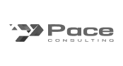 Pace Consulting logo in grayscale with arrow icon.