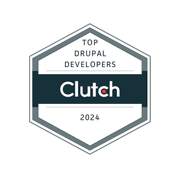 "Top Drupal Developers 2024" Clutch award badge, hexagonal shape in dark teal and white.