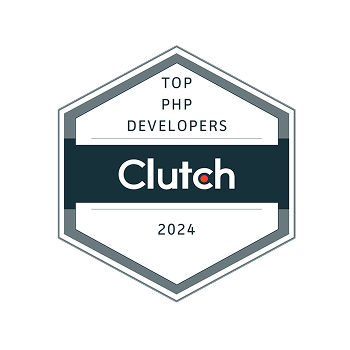 Clutch "Top PHP Developers 2024" award badge, hexagonal shape in gray and dark blue.