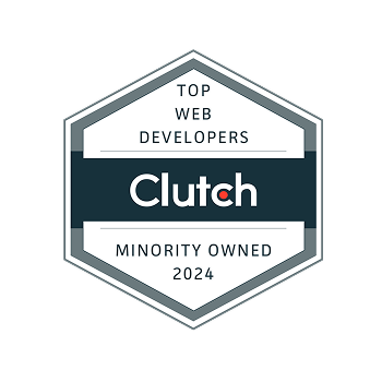 Clutch "Top Web Developers, Minority Owned 2024" badge, hexagon shape.