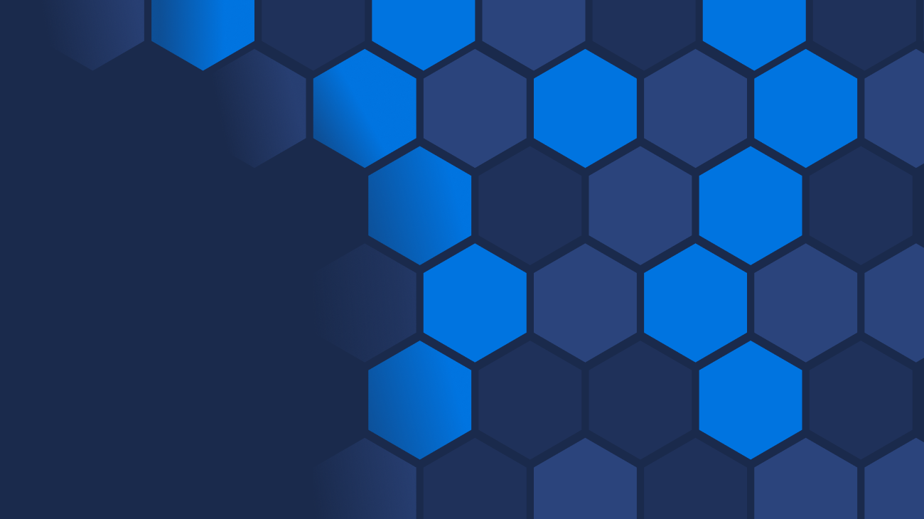 Blue hexagon pattern graphic on dark navy background.