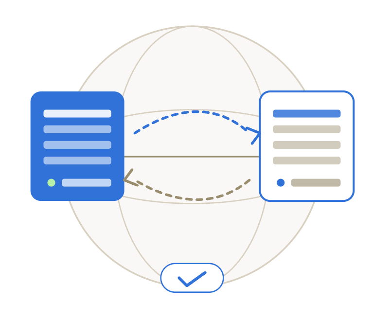 Two document icons exchanging data with arrows, over a globe graphic with checkmark.