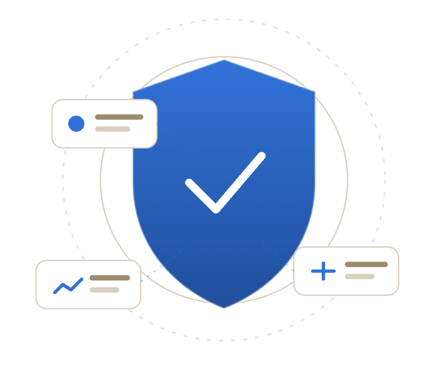 Blue shield with checkmark icon, surrounded by chat and graph icons.
