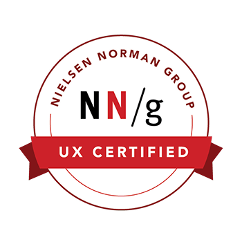 Nielsen Norman Group UX Certified badge logo with red ribbon banner.