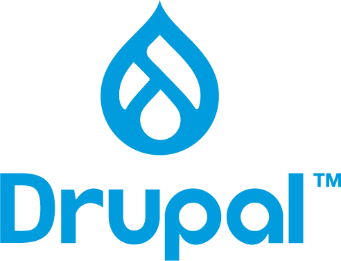 Drupal logo, blue water droplet icon above the text "Drupal™"