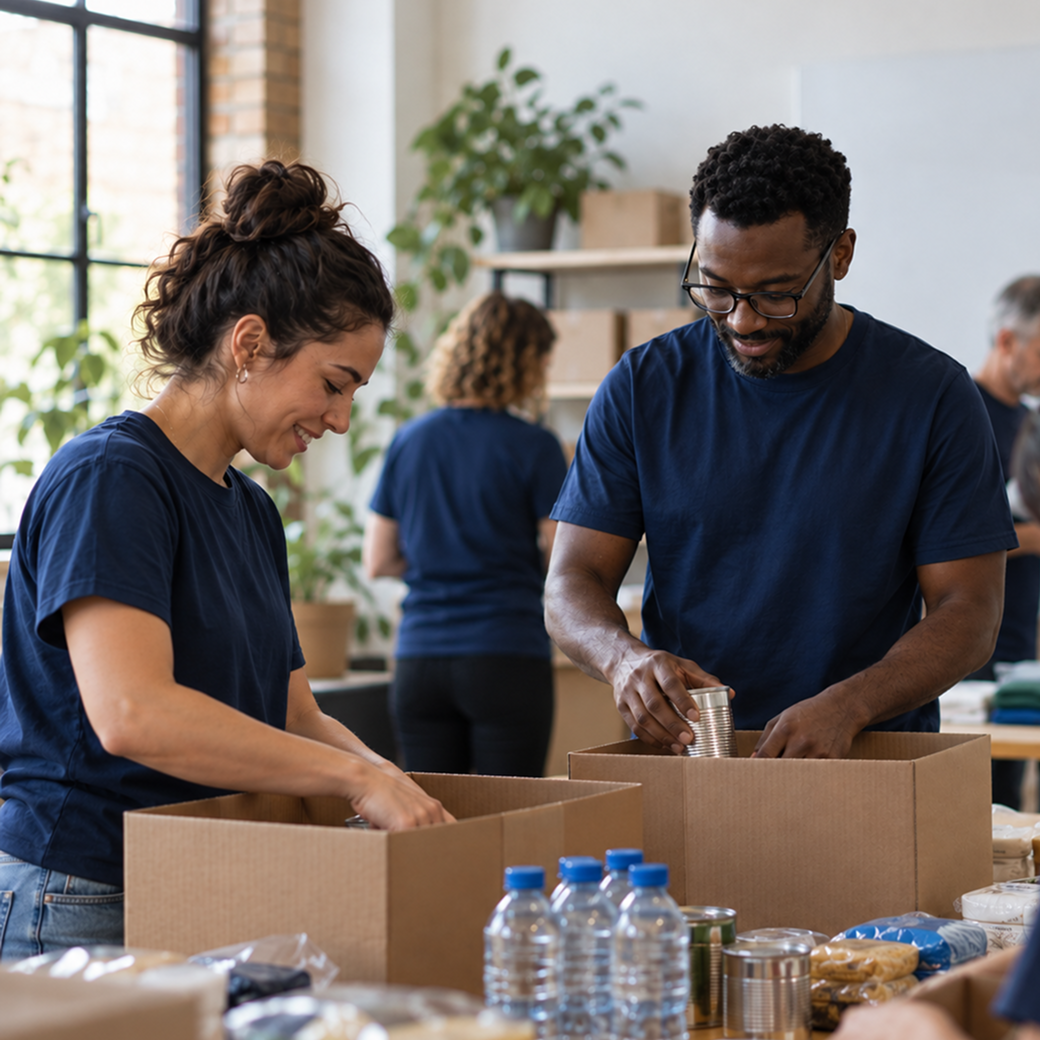 Volunteers in navy shirts pack cardboard boxes with water bottles and supplies.