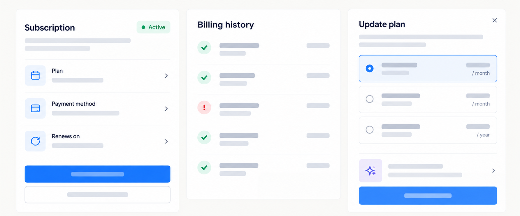 Dashboard interface showing subscription plans, billing history, and update logs panels.