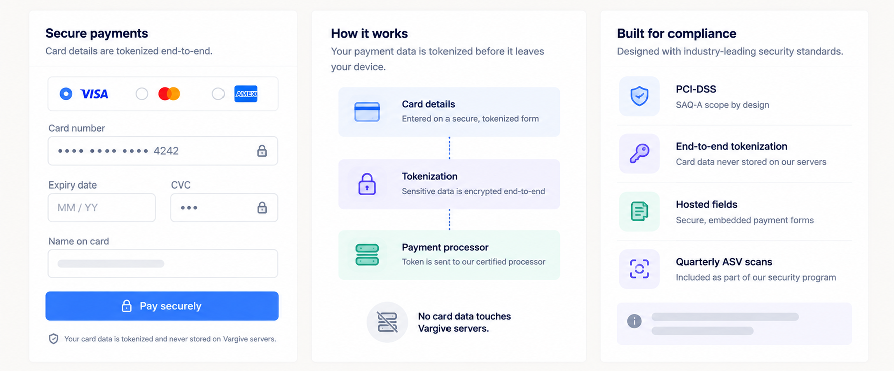 Payment platform interface showing secure payments, event tracking, and compliance tools.