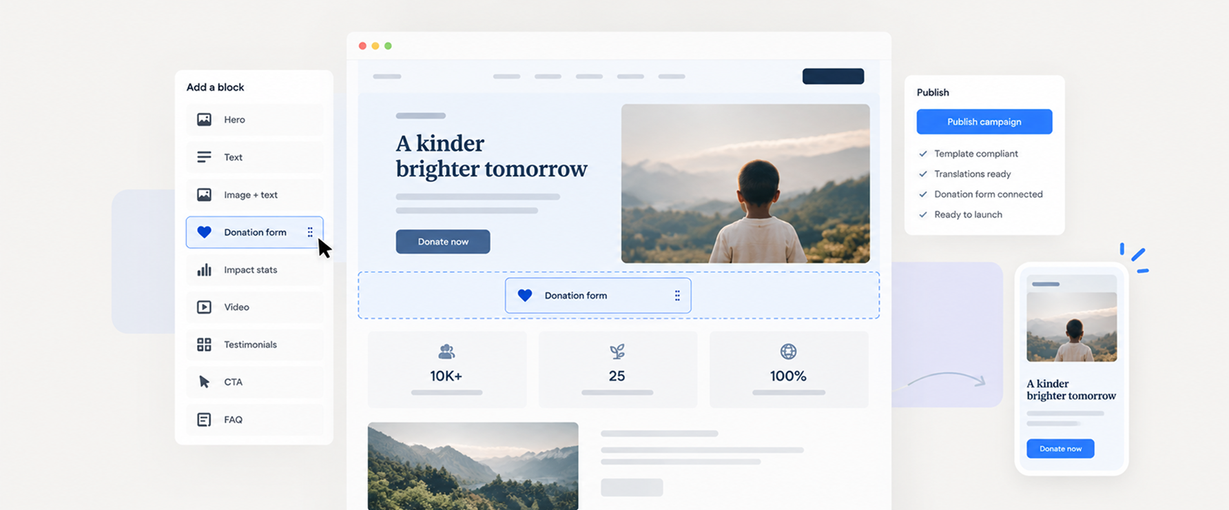 Dashboard UI mockup with sidebar navigation, hero image of person outdoors, and photo cards.