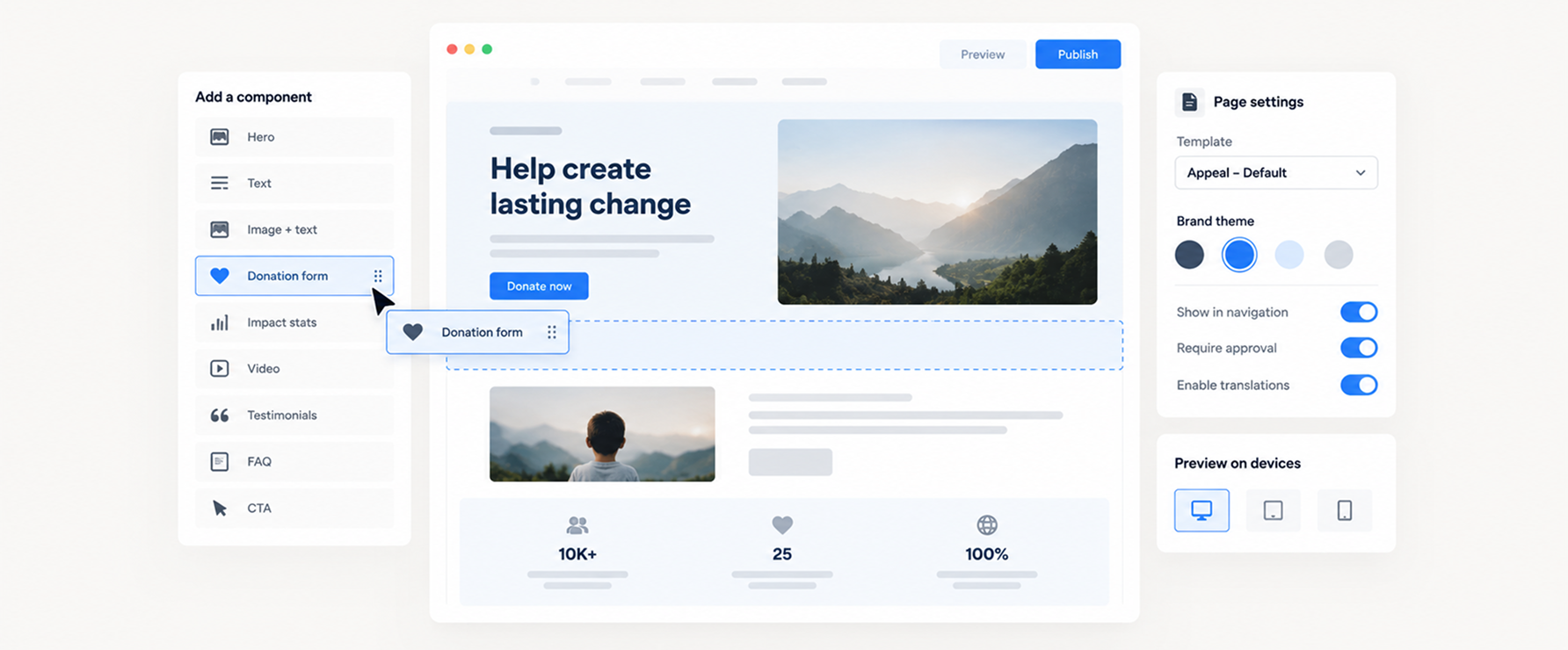 Dashboard interface mockup with sidebar menu, forest photo, and calendar cards.