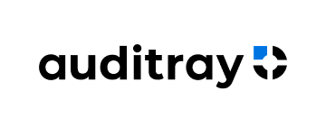 Auditray logo with black text and blue geometric icon